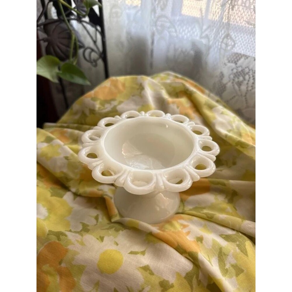 White Milk Glass Flower Frog Pedestal Bowl – Floral Centerpiece Vase
